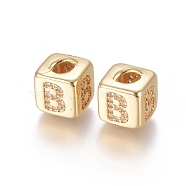 Brass Micro Pave Cubic Zirconia Beads, Long-Lasting Plated, Cube with Letter, Clear, Golden, Letter.B, 10x8x8.5mm, Hole: 1.5x3.5mm and 4mm(ZIRC-G162-15G-B)