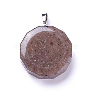 Resin Pendants, with Natural Tourmaline Chips Inside, Long-Lasting Plated Brass Findings, Flat Round, Platinum, 39~40x34.5~35.5x10~12mm, Hole: 7~8x4.5~5mm(KK-D531-01C)