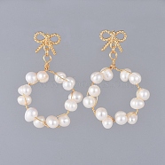 Bowknot Stud Earrings, with Natural Cultured Freshwater Pearl Beads and Brass Stud Earring Findings, Cardboard Box and Plastic Earring Back/Ear Nuts, Real 18K Gold Plated, White, 45mm, Pin: 0.7mm(EJEW-JE03750-02)