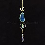 Natural Agate Piece Hanging Ornaments, Metal Moon & Ring and Glass Cone Tassel Suncatchers for Home Outdoor Decoration, Royal Blue, 450mm(PW-WG29125-07)