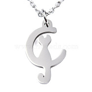 201 Stainless Steel Kitten Pendant Necklaces, with Cable Chains and Lobster Claw Clasps, Crescent Moon with Cat, Stainless Steel Color, 15.74 inch(40cm), 1.5mm(NJEW-S105-JN588-40-1)
