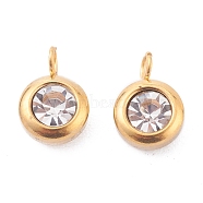 304 Stainless Steel Rhinestone Charms, Birthstone Charms, Flat Round, Golden, Crystal, 9x6x4mm, Hole: 1.8mm(STAS-Z009-04-04G)