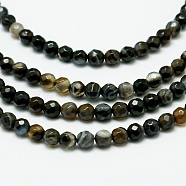 Natural Striped Agate/Banded Agate Bead Strands, Dyed, Faceted, Round, Black, 4mm, Hole: 0.8mm, about 90~92pcs/strand, 14 inch(G-G882-4mm-D06-1)