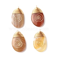 Natural Striped Agate Pendants, with Real 18K Gold Plated Copper Wire Wrapped, Dyed & Heated, Oval, Mixed Color, 43~45x24.5~26x8mm, Hole: 2.3~2.8mm(PALLOY-JF01215)