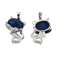 Natural Lapis Lazuli Pendants, with Platinum Plated Brass Findings, Cat Charm, 30.5x25x9mm, Hole: 5x7.5mm(G-N333-012A)