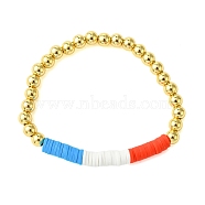 Independence Day 6mm Round Brass & Handmade Polymer Clay Beaded Stretch Bracelets for Women, Golden, Inner Diameter: 2 inch(5.2cm)(BJEW-JB10590)