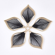 Cotton Thread Woven Pendants, with Alloy Findings, Leaf, Golden, Black, 43x26.5x2mm, Hole: 1.8mm(X-FIND-S306-03A)