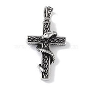 Viking 316 Surgical Stainless Steel Pendants, Cross with Snake Charm, Antique Silver, 46.5x27x11mm, Hole: 8x6mm(STAS-E212-26AS-02)