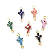 Brass Enamel Connector Charms, Real 18K Gold Plated, Religion Cross with Evil Eye Pattern, Mixed Color, 5.5x13x3mm, Hole: 1.2mm(KK-J302-08G)