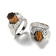 Hexagonal Prism Natural Tiger Eye Open Cuff Rings, Rack Plating Brass Ring for Unisex, Inner Diameter: Adjustable(RJEW-B106-01P-06)