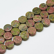 Natural Unakite Beads Strands, Flat Round, 10~10.5x5mm, Hole: 1mm, about 40pcs/strand, 16.3 inch(G-T122-03I)