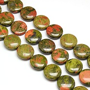 Natural Flat Round Unakite Beads Strands, 20x7~9mm, Hole: 1mm; about 20pcs/strand, 15.74 inches(G-L246-13)