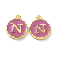 Golden Plated Alloy Enamel Charms, Cadmium Free & Lead Free, Enamelled Sequins, Flamingo, Flat Round with Letter, Letter.N, 14x12x2mm, Hole: 1.4mm(ENAM-XCP0001-13N)