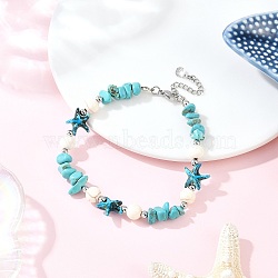 Dyed Synthetic Turquoise Starfish & Chip Beaded Anklets with 304 Stainless Steel End Chains, Stainless Steel Color, 9 inch(227mm)(AJEW-AN00733-02)