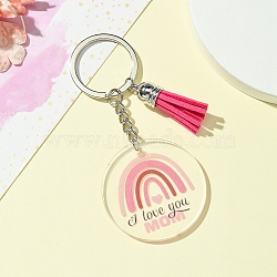 Acrylic Keychain, with Medium Violet Red Tassel, Flat Round, Rainbow, 10cm(KEYC-YW00085-10)