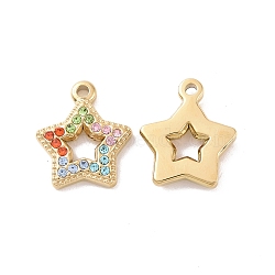 304 Stainless Steel Micro Pave Colorful Cubic Zirconia Pendants, Star, Real 18K Gold Plated, 14x12x2.5mm, Hole: 1.5mm(STAS-J400-35G)