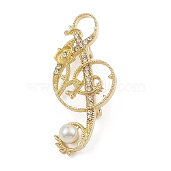 Alloy Rhinestone Brooch for Clothes Backpack, with ABS Imitation Pearl, Musical Note, Golden, 56.5x25x12mm(JEWB-Q030-27G)