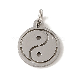 Non-Tarnish 201 Stainless Steel Charms, with Jump Rings, Laser Cut, Flat Round with Yin Yang Charm, Stainless Steel Color, 14x12x1mm, Hole: 3mm(STAS-E217-46P)