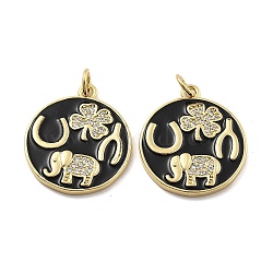 Brass Micro Pave Cubic Zirconia Pendants, with Enamel, Flat Round with Elephant Charms, with Jump Ring, Real 18K Gold Plated, 21.5x19x2.5mm, Hole: 3mm(KK-U060-05G)