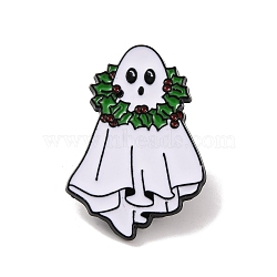 Christmas Theme Ghost with Holly Leaves Enamel Pins, Alloy Brooches for Backpack Clothes, Green, 30x21x2mm(JEWB-M043-06C)