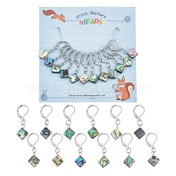 12Pcs Abalone Shell/Paua Shelll Pendant Decorations, 304 Stainless Steel Leverback Hoop, Clip-on Charms, for Keychain, Purse, Backpack Ornament, Stitch Marker, Rhombus, Stainless Steel Color, 32mm(HJEW-PH01774)