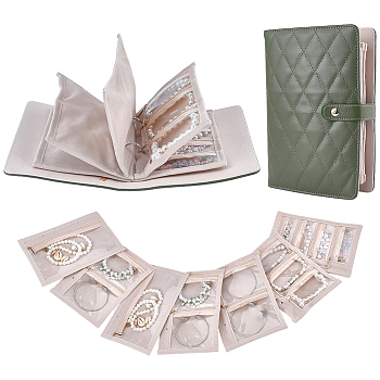 Portable Travel PU Leather & PVC Loose Leaf Binder Jewelry Books, with Jewelry Bags, for Earrings Rings Necklaces Bracelets, Rectangle, Olive Drab, 210x150x47mm