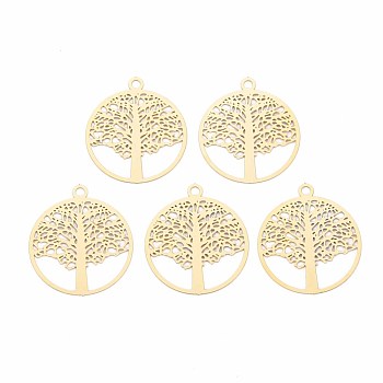 Rack Plating 201 Stainless Steel Filigree Pendants, Etched Metal Embellishments, Nickel Free, Flat Round with Tree of Life, Real 18K Gold Plated, 23x20x0.4mm, Hole: 1.5mm