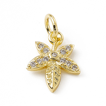 Brass Micro Pave Clear Cubic Zirconia Leaf Charms, with Open Jump Rings, Real 18K Gold Plated, 12x9.5x2mm, Ring: 5x0.8mm, Hole: 3mm