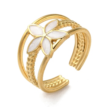 304 Stainless Steel Enamel Cuff Rings, Flower, Real 18K Gold Plated, Adjustable