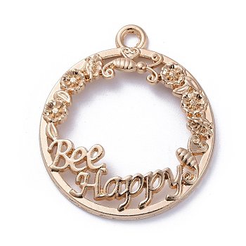 Zinc Alloy Open Back Bezel Pendants, For DIY UV Resin, Epoxy Resin, Pressed Flower Jewelry, Ring with Word Bee Happy, Light Gold, 33.5x29.5x3.5mm, Hole: 3mm