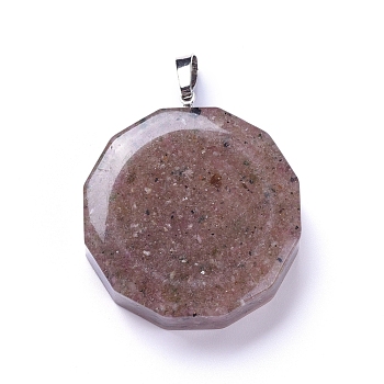 Resin Pendants, with Natural Tourmaline Chips Inside, Long-Lasting Plated Brass Findings, Flat Round, Platinum, 39~40x34.5~35.5x10~12mm, Hole: 7~8x4.5~5mm