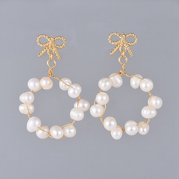 Bowknot Stud Earrings, with Natural Cultured Freshwater Pearl Beads and Brass Stud Earring Findings, Cardboard Box and Plastic Earring Back/Ear Nuts, Real 18K Gold Plated, White, 45mm, Pin: 0.7mm