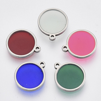 201 Stainless Steel Pendants, with Epoxy Resin, Flat Round, Mixed Color, Stainless Steel Color, 14x12x1.5mm, Hole: 1.2mm