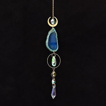 Natural Agate Piece Hanging Ornaments, Metal Moon & Ring and Glass Cone Tassel Suncatchers for Home Outdoor Decoration, Royal Blue, 450mm