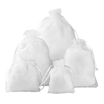 5 Style Organza Gift Bags with Drawstring, Jewelry Pouches, Wedding Party Christmas Favor Gift Bags, White, 100pcs/bag