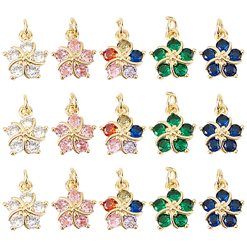 15Pcs 5 Colors Brass Clear Cubic Zirconia Pendants, Long-Lasting Plated, Real 18K Gold Plated, Flower, with Jump Ring, Mixed Color, 12.5x10.5x4mm, Hole: 3.5mm, jump ring: 5x0.75mm, 3pcs/color