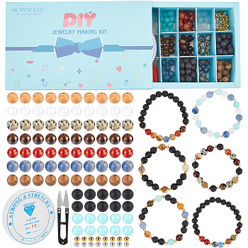 SUNNYCLUE DIY Stretch Bracelets Making Kits, Including Gemstone Beads, 100Pcs 2 Colors Iron Spacer Beads, 1 Roll Elastic Crystal Thread and 1Pc Steel Scissors, Mixed Color, 8mm, Hole: 1mm