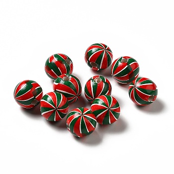 Christmas Theme Printed Natural Wooden Beads, Round with Vortex Pattern, Colorful, 16x14.5mm, Hole: 3.5mm