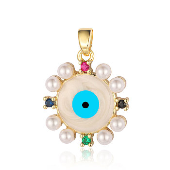 Brass Micro Pave Cubic Zirconia Pendants, with Enamel Evil Eye & Plastic Imitation Pearl, Random Color, Real 18K Gold Plated, 22x19x4.2mm
