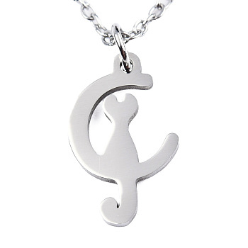 201 Stainless Steel Kitten Pendant Necklaces, with Cable Chains and Lobster Claw Clasps, Crescent Moon with Cat, Stainless Steel Color, 15.74 inch(40cm), 1.5mm