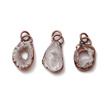 Natural Druzy Agate Pendants, with Red Copper Tone Tin Findings, Lead & Nickel & Cadmium Free, Nuggets, 25~48x12~23x5~7mm