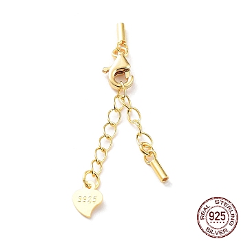 925 Sterling Silver Curb Chain Extender, End Chains with Lobster Claw Clasps and Cord Ends, Heart Chain Tabs, with S925 Stamp, Golden, 21.5mm