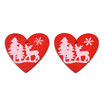 Christmas Theme Spray Painted Wood Pendants, Single-Sided Printed, Heart with Reindeer/Stag & Tree & Snowflake, Red, 48x50x2.5mm, Hole: 2mm