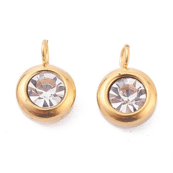 304 Stainless Steel Rhinestone Charms, Birthstone Charms, Flat Round, Golden, Crystal, 9x6x4mm, Hole: 1.8mm