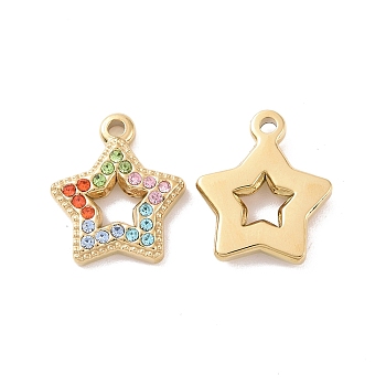 304 Stainless Steel Micro Pave Colorful Cubic Zirconia Pendants, Star, Real 18K Gold Plated, 14x12x2.5mm, Hole: 1.5mm