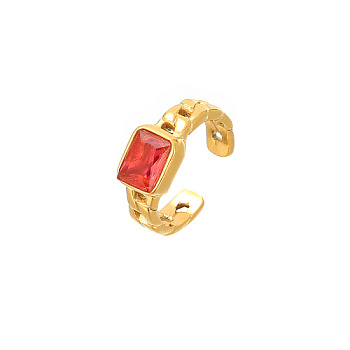 Golden Stainless Steel with Cubic Zirconia Open Cuff Ring, Rectangle, Orange Red, Wide: 8mm