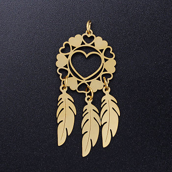 201 Stainless Steel Pendants, with Jump Rings, Woven Net/Web with Feather, Golden, 44x20x1mm, Hole: 3mm, Ring: 5x0.8mm