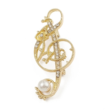 Alloy Rhinestone Brooch for Clothes Backpack, with ABS Imitation Pearl, Musical Note, Golden, 56.5x25x12mm