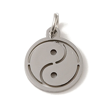 201 Stainless Steel Charms, with Jump Rings, Laser Cut, Flat Round with Yin Yang Charm, Stainless Steel Color, 14x12x1mm, Hole: 3mm