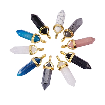 10Pcs 10 Style Mixed Gemstone Double Terminated Pointed Pendants, with Random Alloy Pendant Hexagon Bead Cap Bails, Golden, Bullet, 37~40x12.5x10mm, Hole: 3mm, 1pc/style